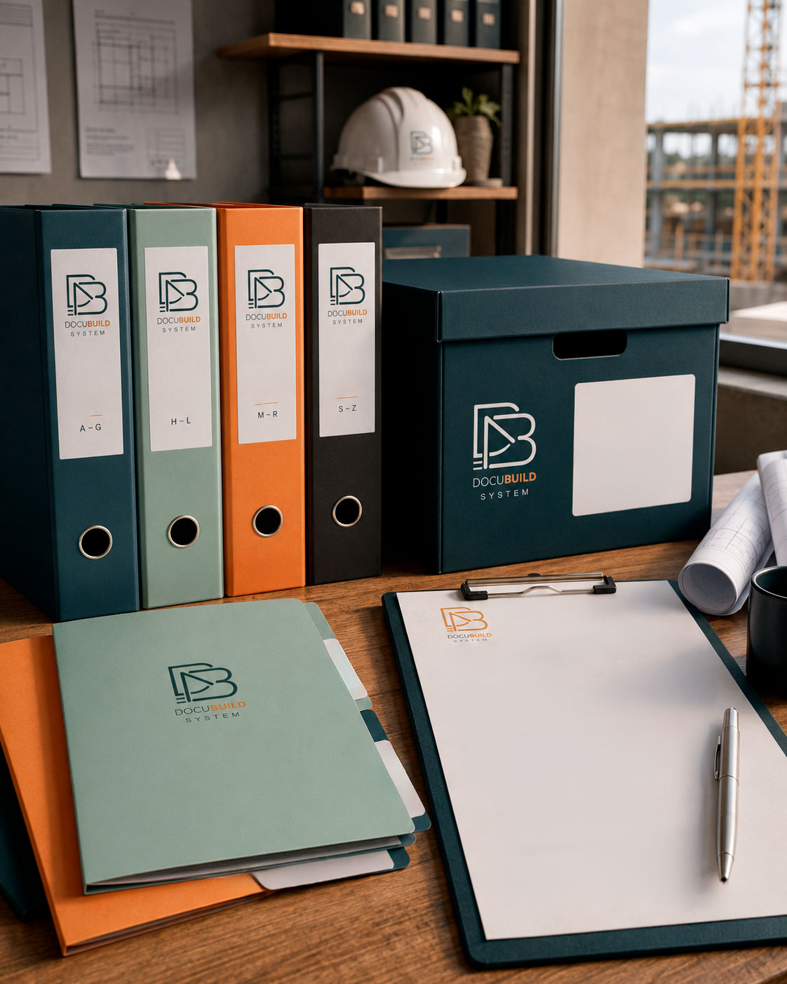 DocuBuild System aplicada em caixas, pastas e materiais de gestão documental