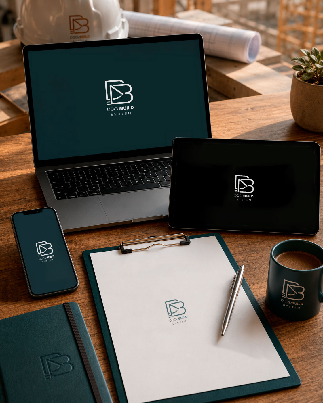 DocuBuild System aplicada em laptop, tablet, celular, caneca e prancheta