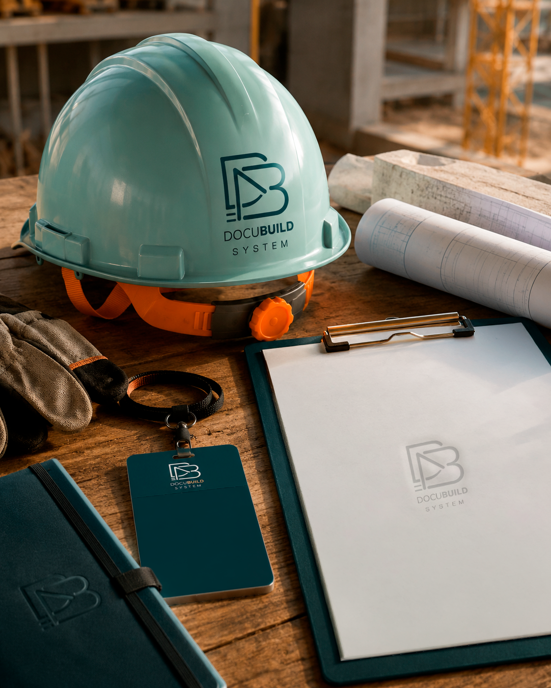 DocuBuild System aplicada em capacete, credencial e prancheta em ambiente de obra