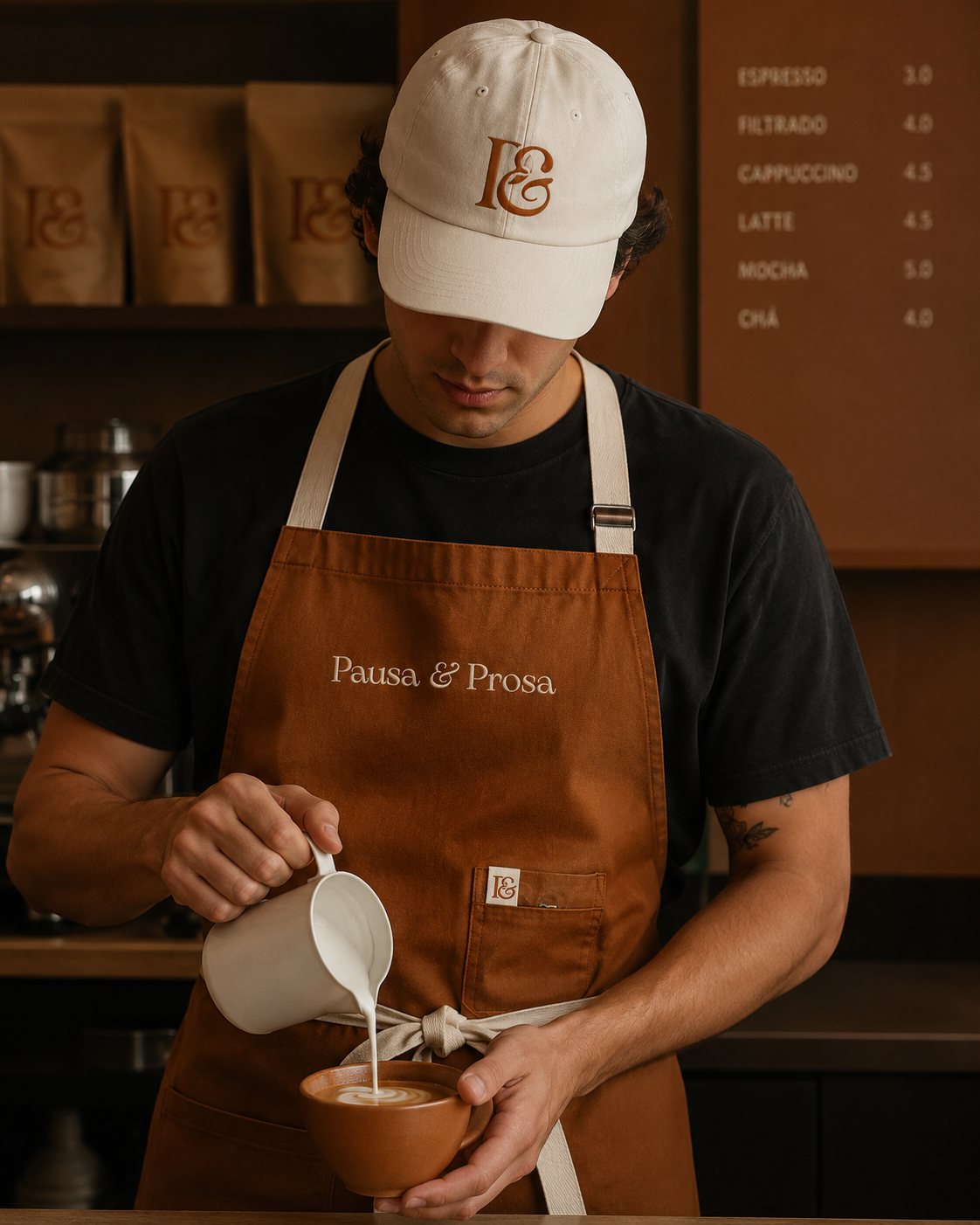 Pausa & Prosa aplicada em uniforme de barista