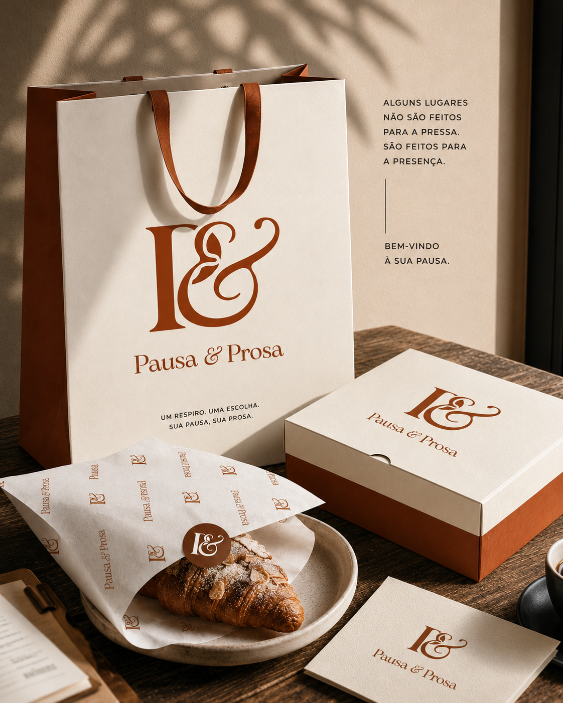 Embalagens Pausa & Prosa com sacola, caixa e papel personalizado